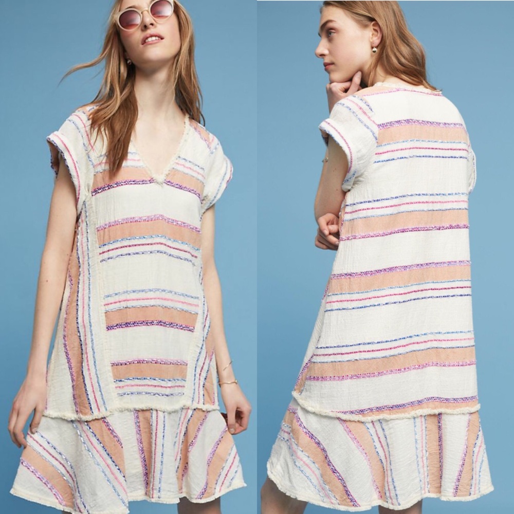 Anthropologie Striped V-Neck Dress - White, Pink, Purple